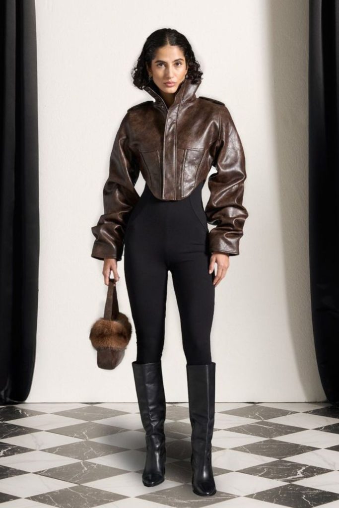 Structured leather corset jacket with slim pants