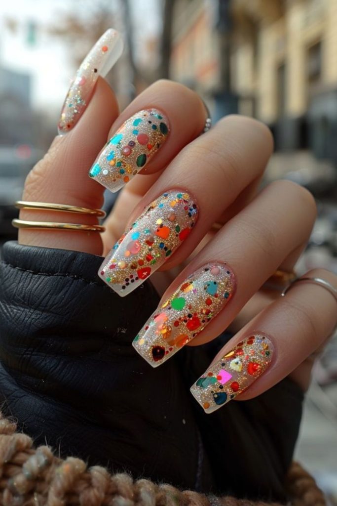 Electric colorful confetti nails