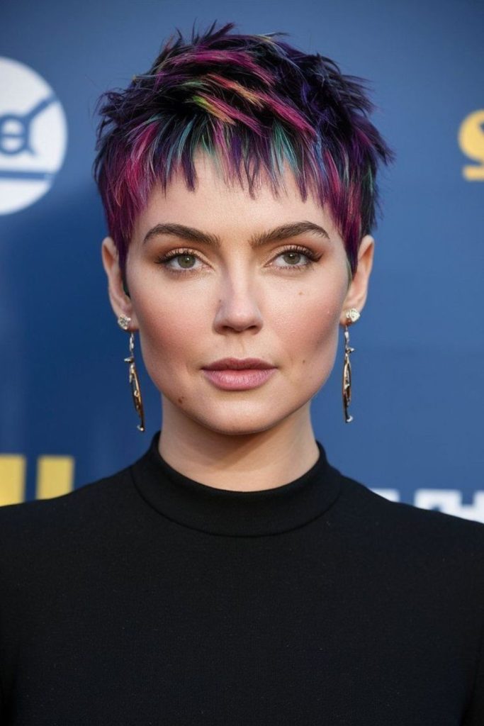 Bright neon streaks on tousled pixie.