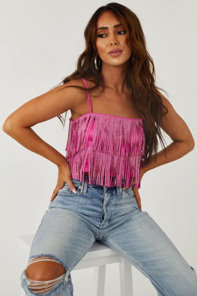 Neon fringe top with dark slim pants