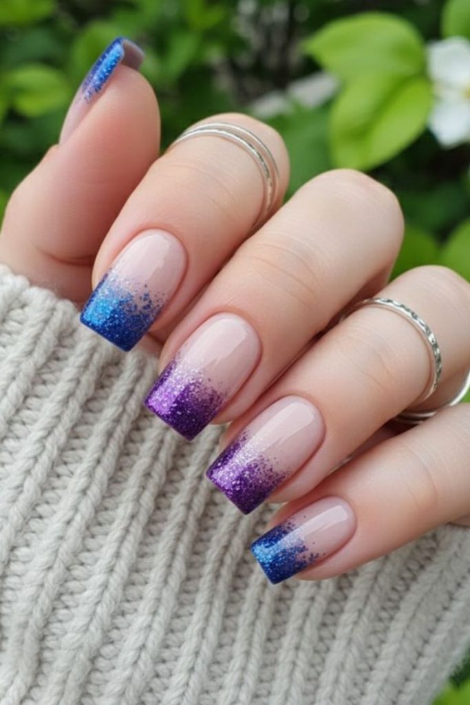 Neon tips merging icy translucent bases glitter.