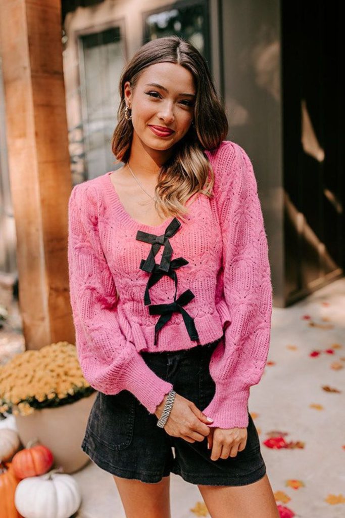 Neon cropped knit with denim mini