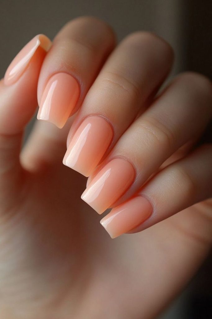 Neutral peach soft nail look.