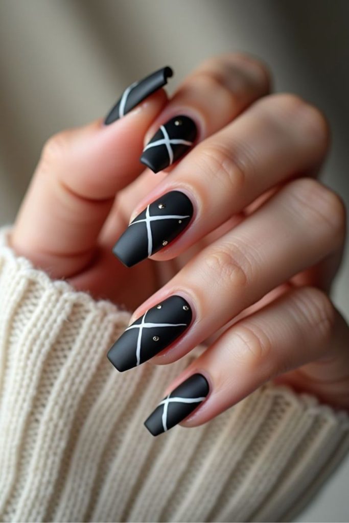 Crisscross lines overlay black nail
