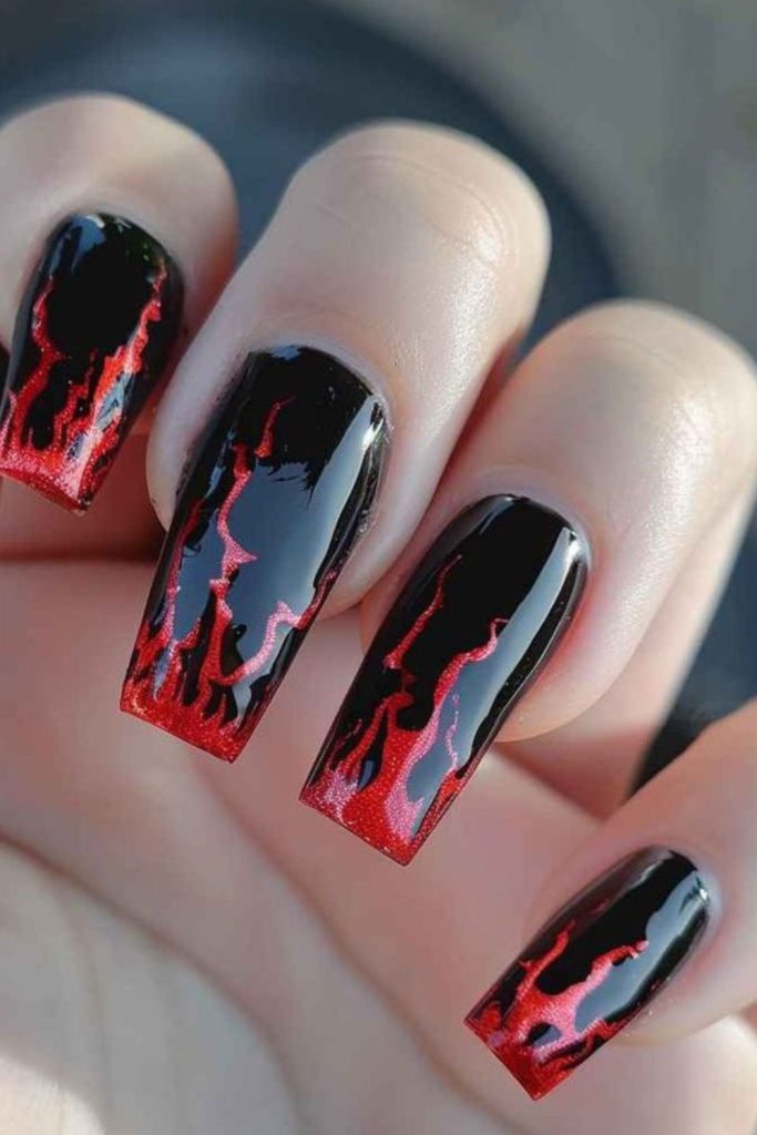 Black and red flame nails