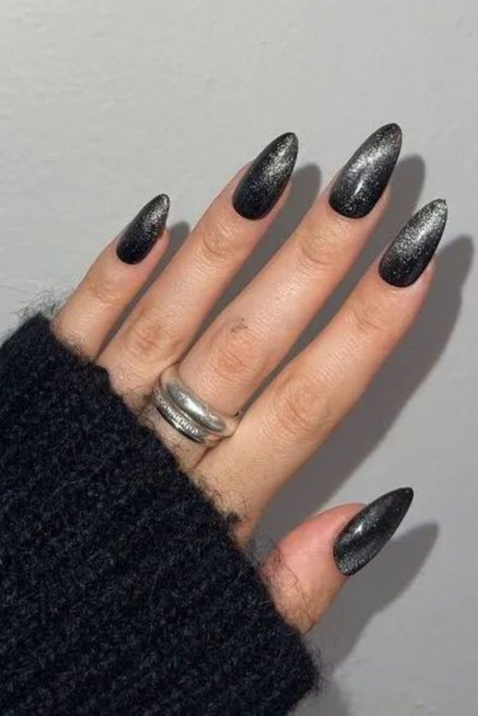 Black silver cat eye nails