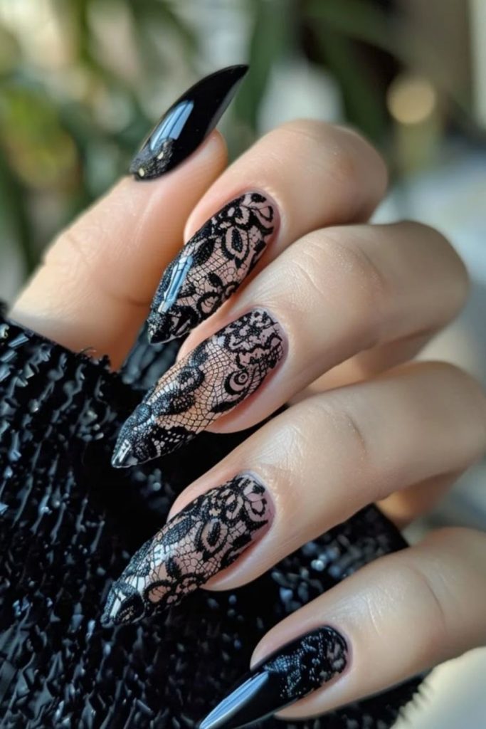 Black lace patterned sophisticated nails