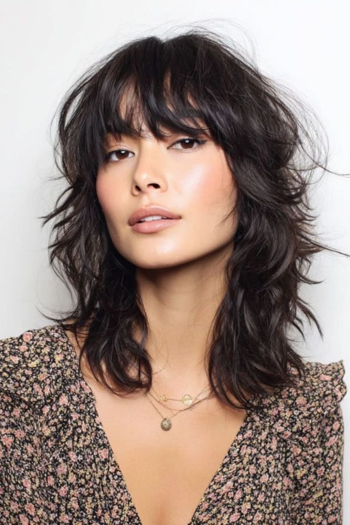 Raven black jagged wolf cut.