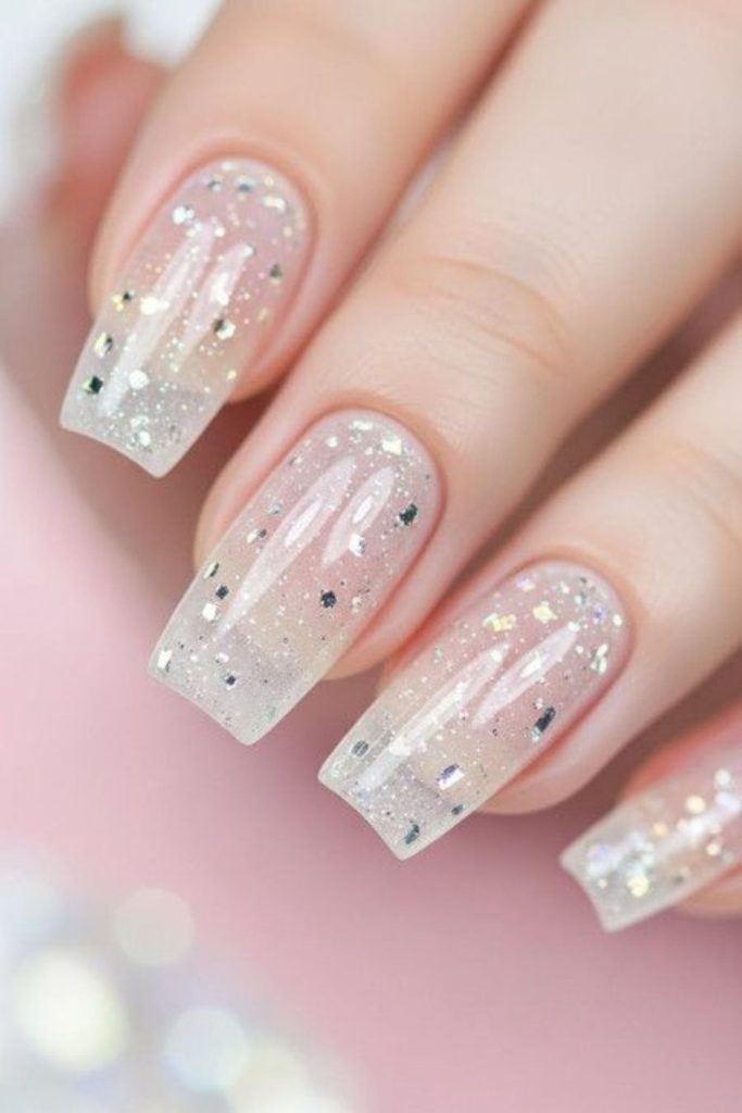 Milky nails with holographic glitter drops