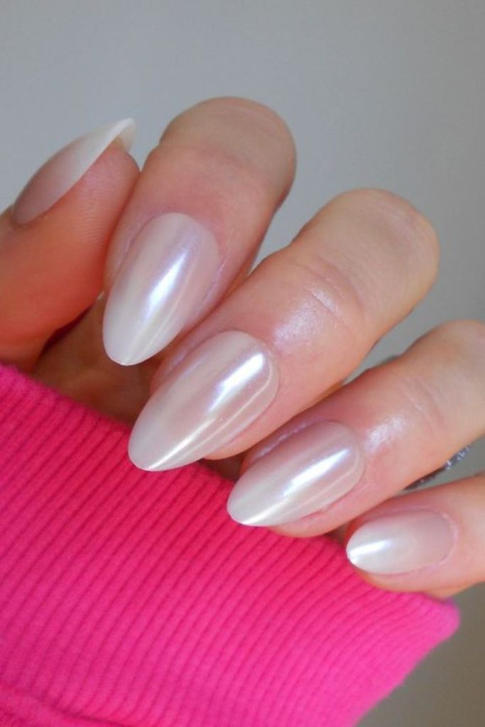 Milky nails with violet-pink shimmer flecks
