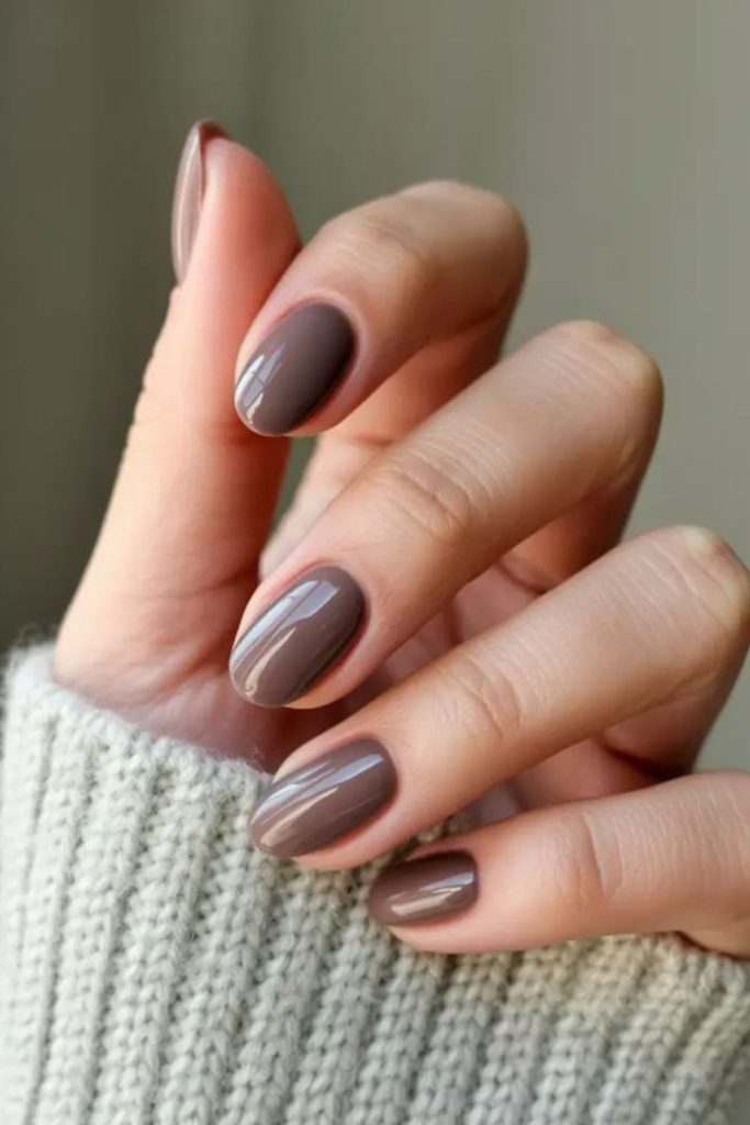 Pale cocoa neutral nail look.
