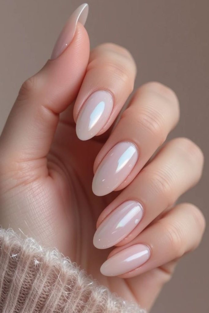 Milky nails with subtle pearl shimmer.