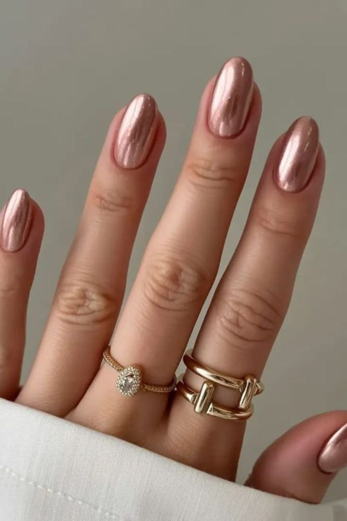 Blush nails with metallic frost shimmer