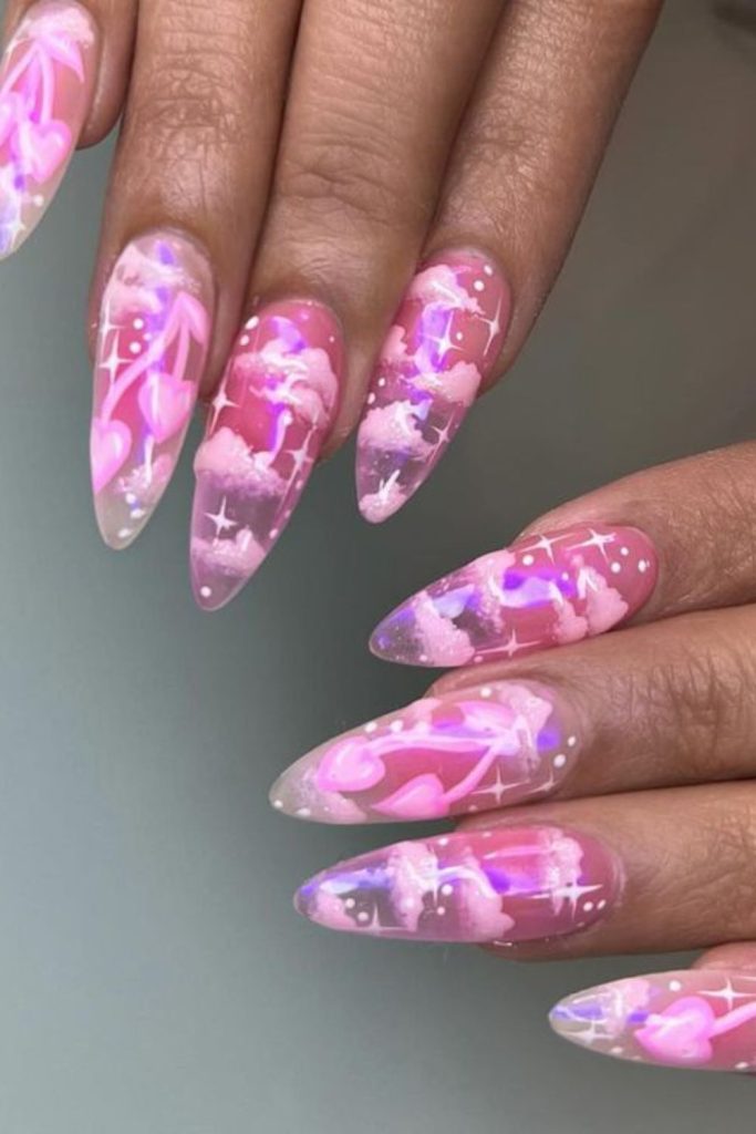 Pink jelly translucent Valentine nails.