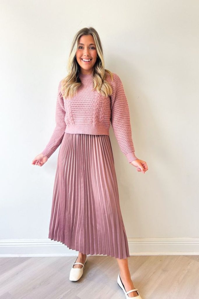 Pastel knit tee with pleated skirt