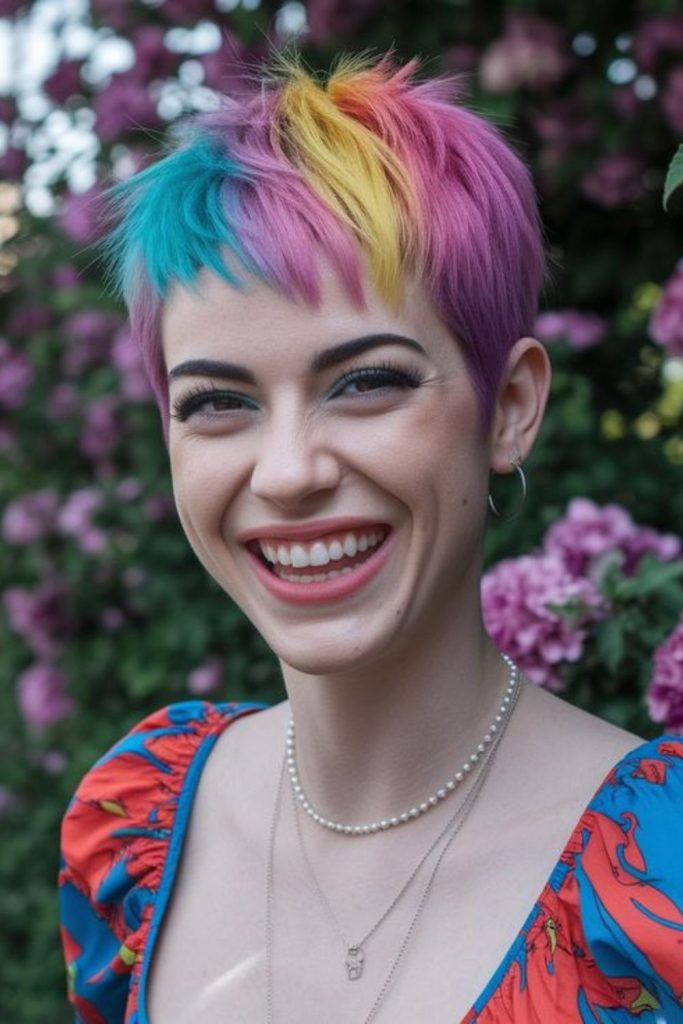 Rainbow shimmer highlights textured crown layers.