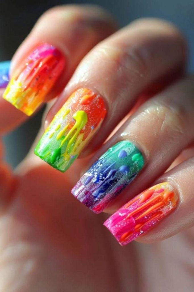 Bold colorful rainbow splash nails