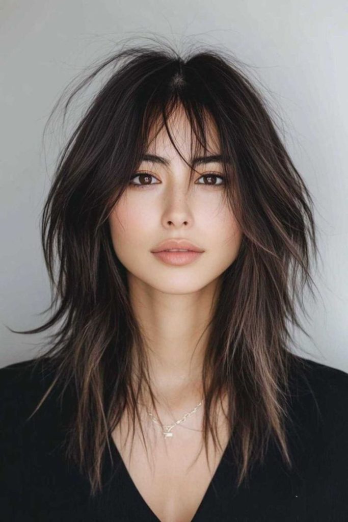 Feathered black micro bangs with waves