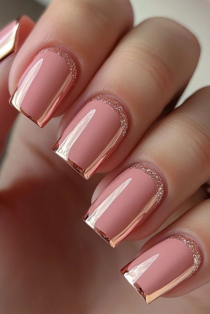 Metallic rose arcs on nude nails.