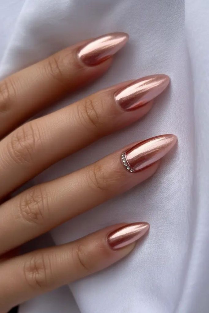 Rose gold shimmer Valentine nails.