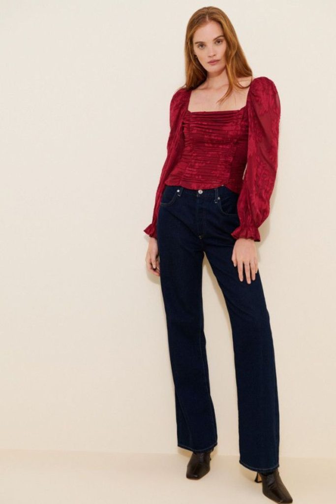 Ruched blouse styled straight jeans