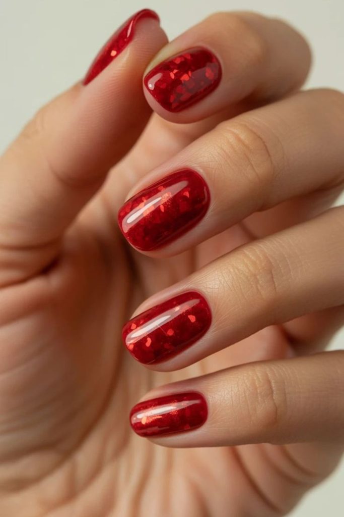 Ruby red nails with pearl accents.