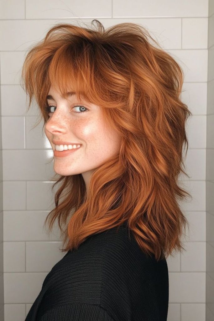 Orange layered wolf cut vibrant.