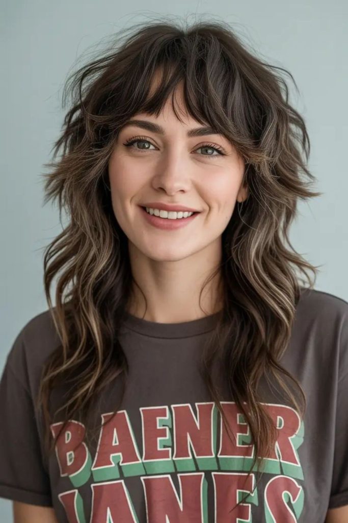 Brown layered wolf cut tousled.