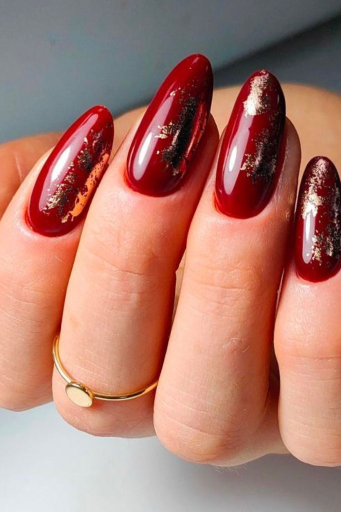 Scarlet foil accent Valentine nails.