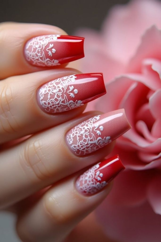 Scarlet lace detailed romantic nails.
