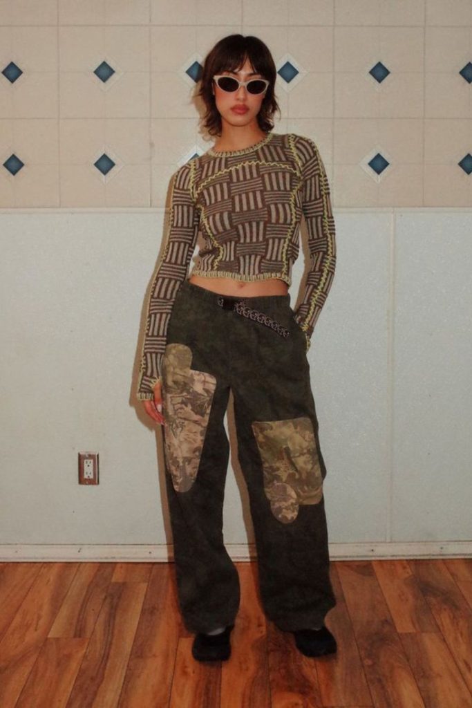 Geometric knit armor top with straight pants