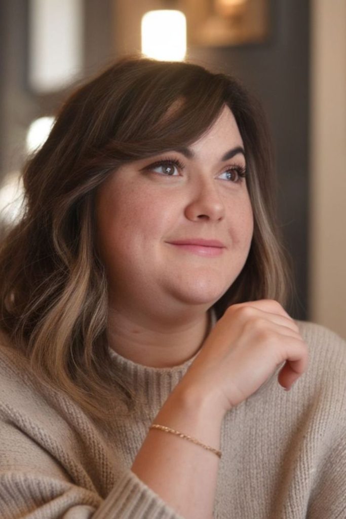 Side-swept crescent fringe sculpting jawline subtly