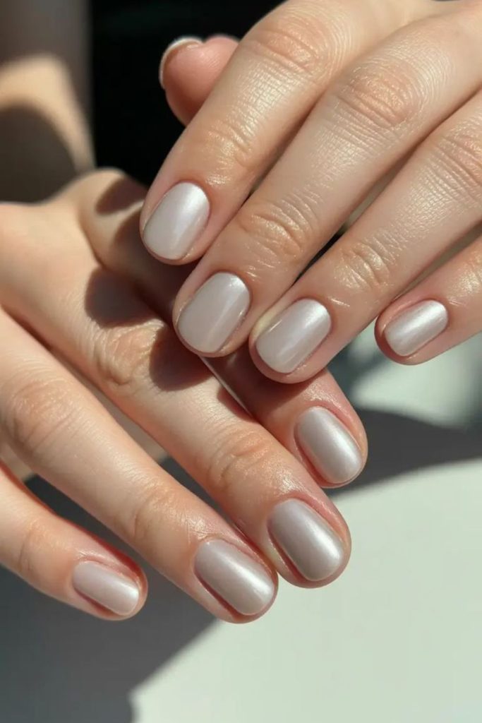 Milky silver shimmer short nails