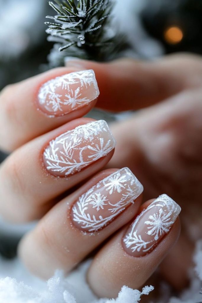 Crystalline doodles scatter across frosty nails