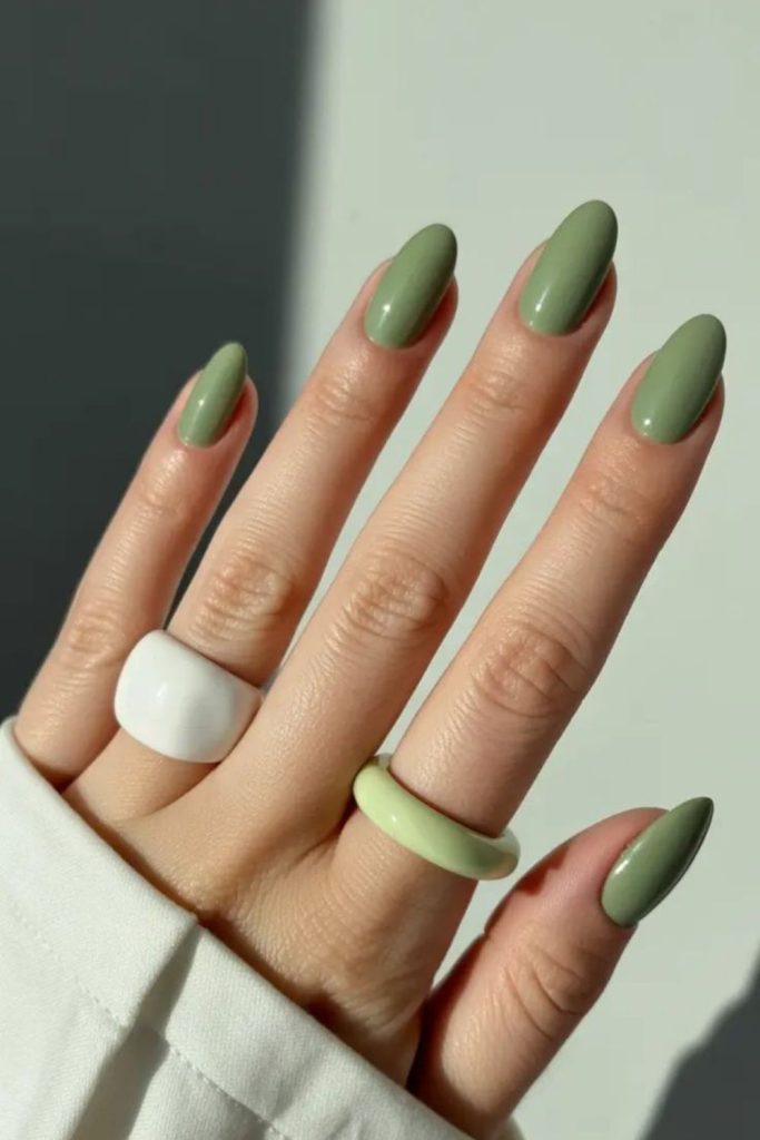 Soft olive minimalist nail color.