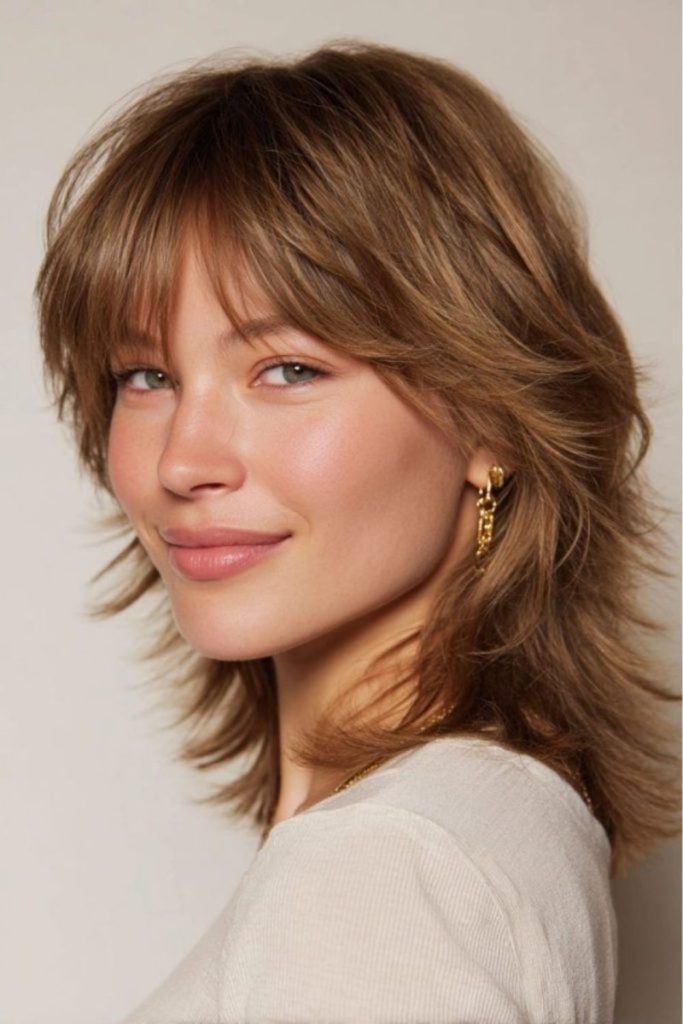 Sunlit golden wolf cut textured.