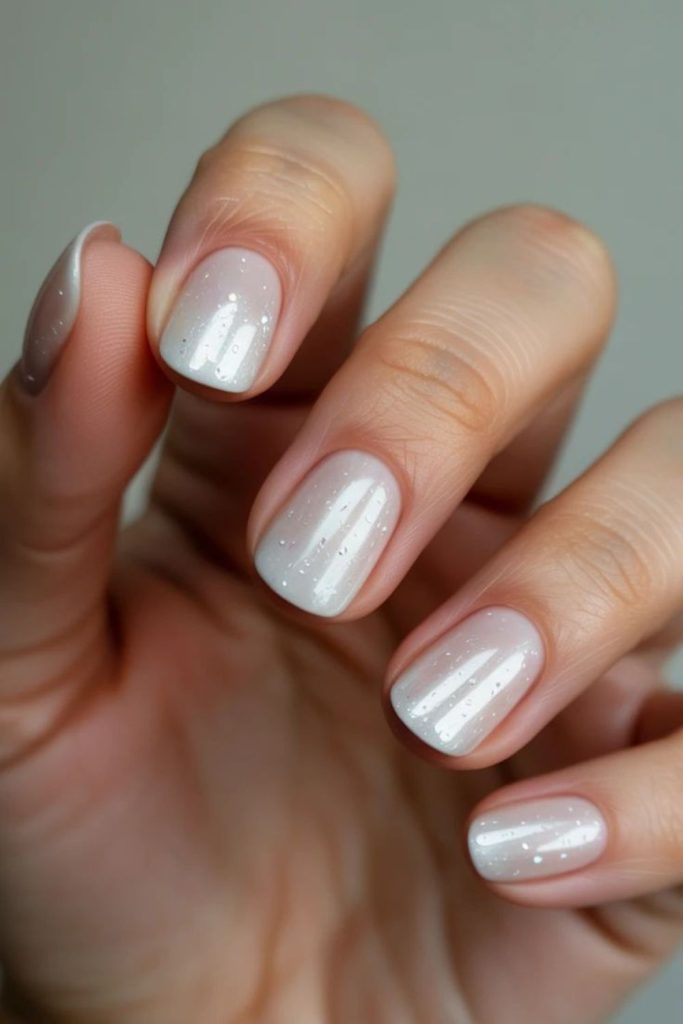 Pearly white shimmer short nails