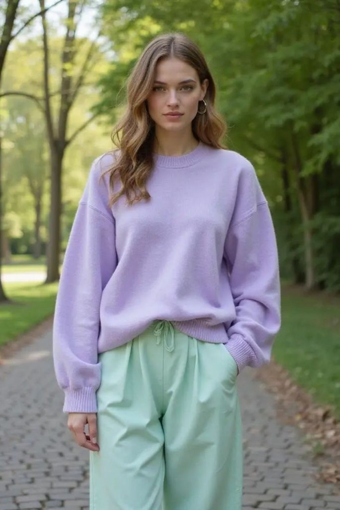 Airy pastel sweater with tapered trousers
