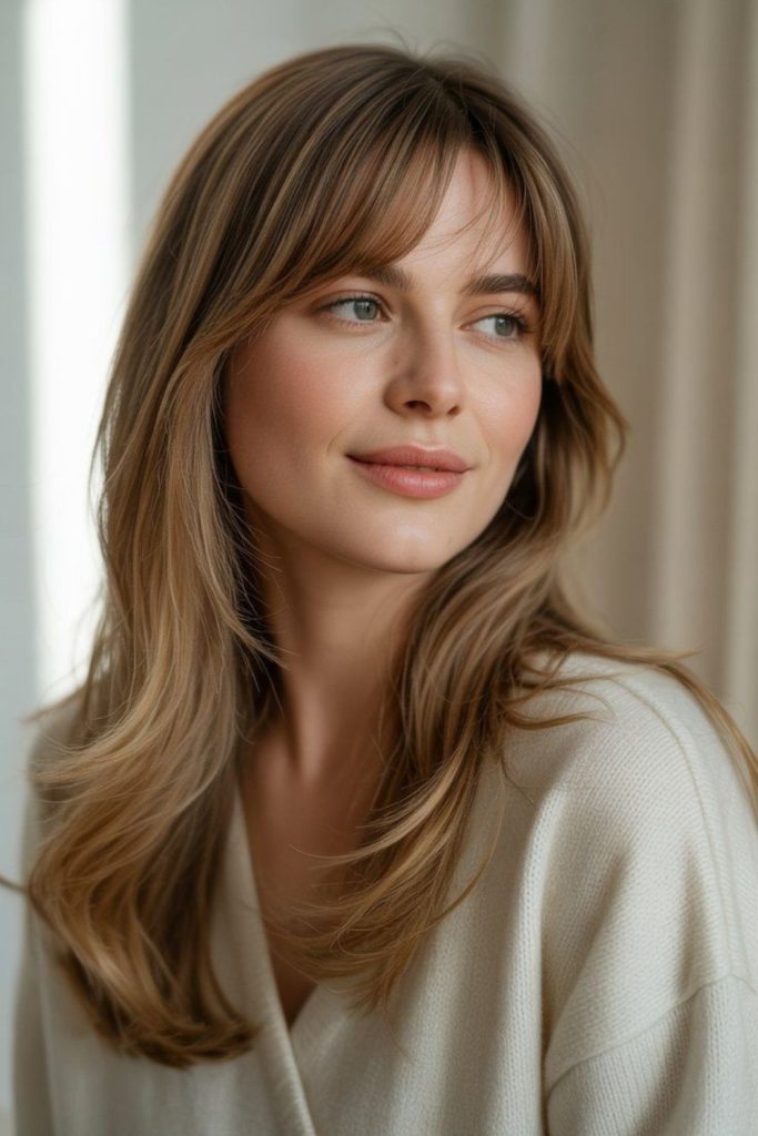 Golden flicked fringe with chestnut length