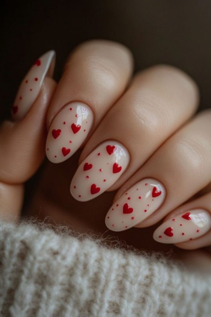 Micro heart art nude nails.