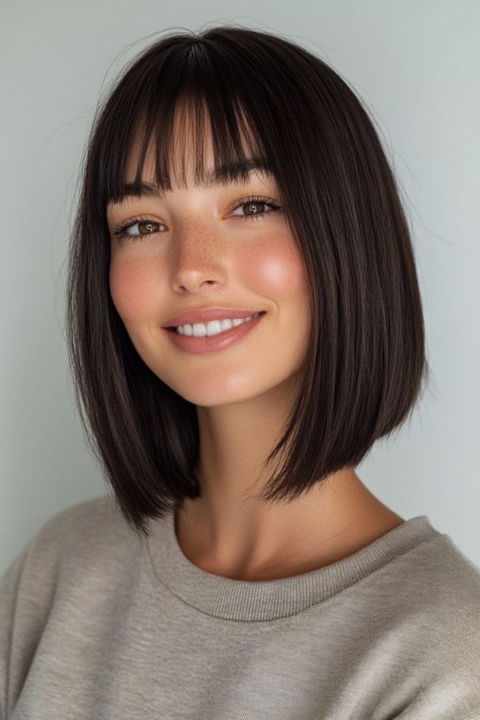 Full blunt bangs with subtle texture