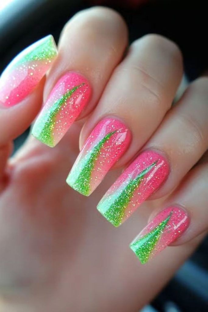 Bright green and pink nails