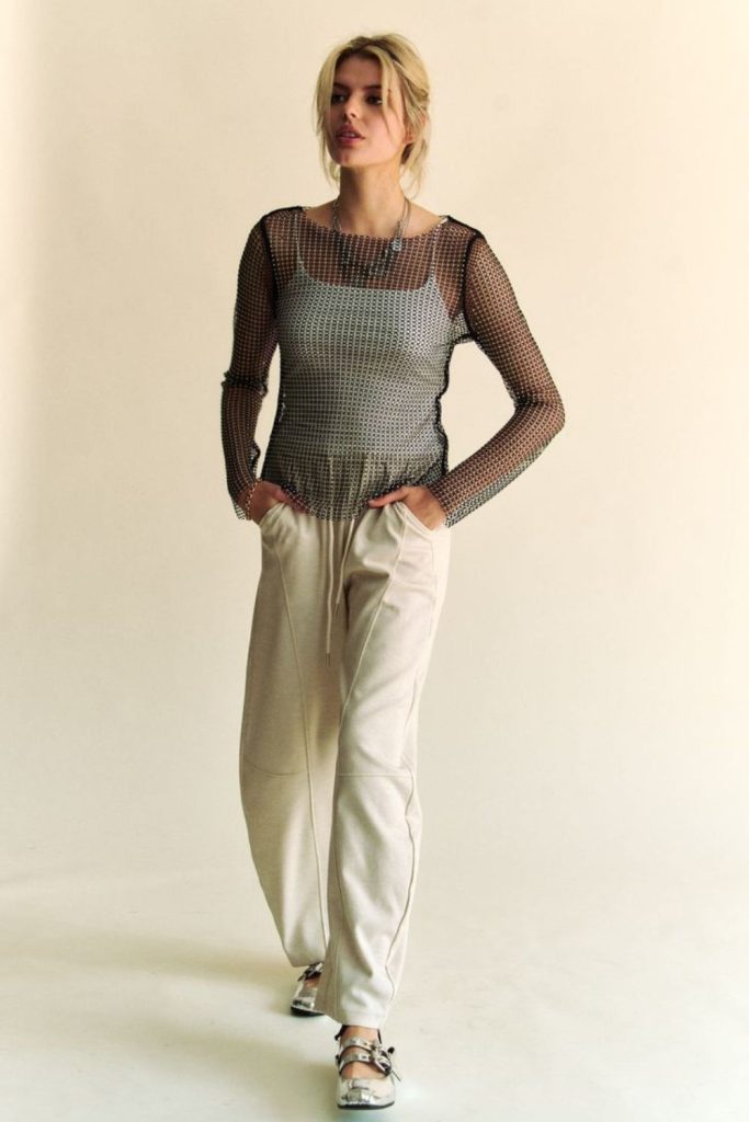 Sheer layered top with neutral bottoms