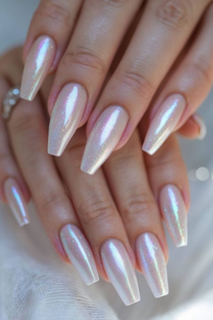 Milky nails with pearlescent streaks