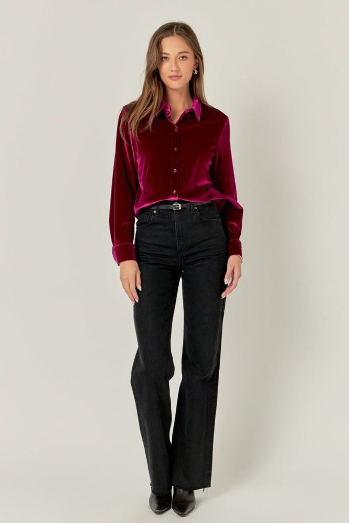 Velvet button shirt with slim trousers
