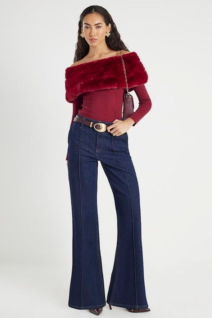 Velvet off shoulder top with flares