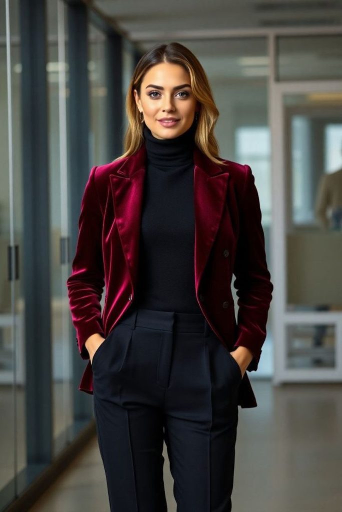 Burgundy velvet blazer metallic accents