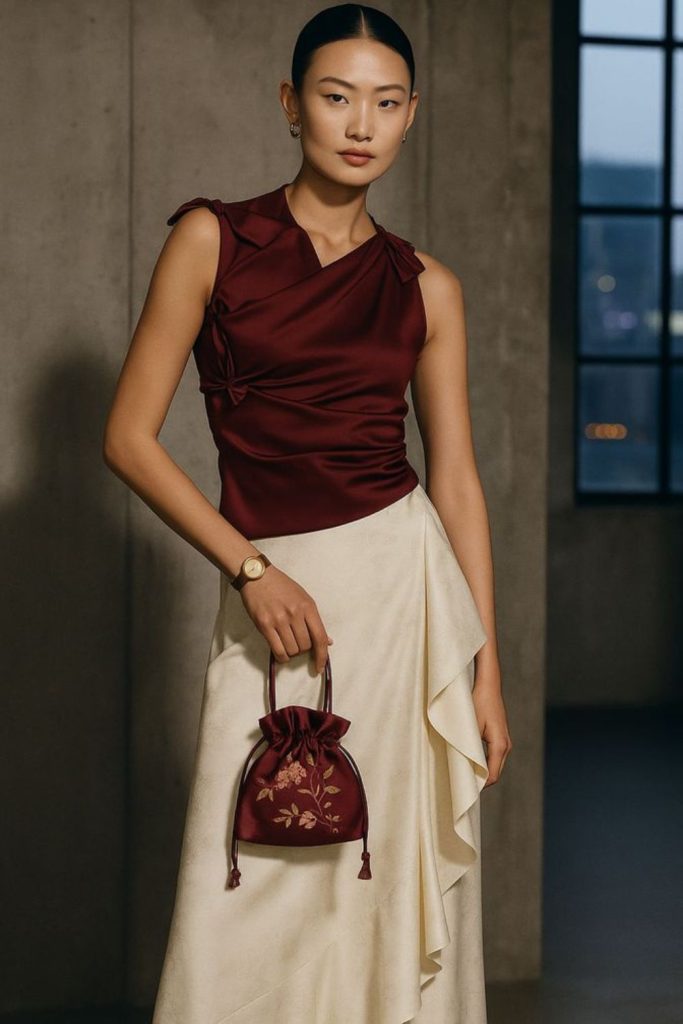 Draped camisole paired satin skirt