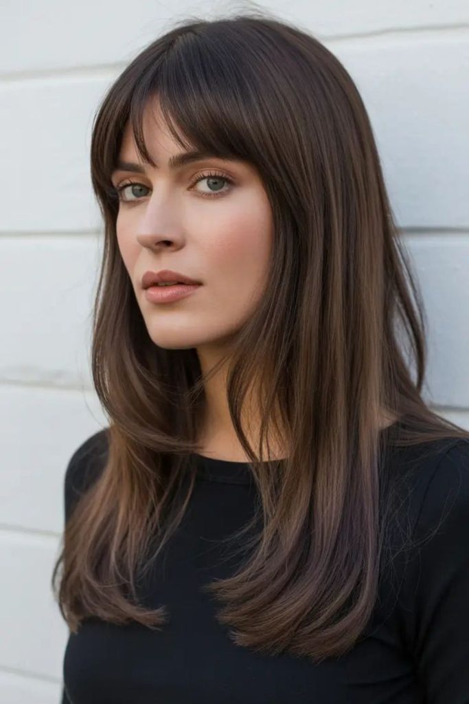 Wispy hazel fringe with cascading hair