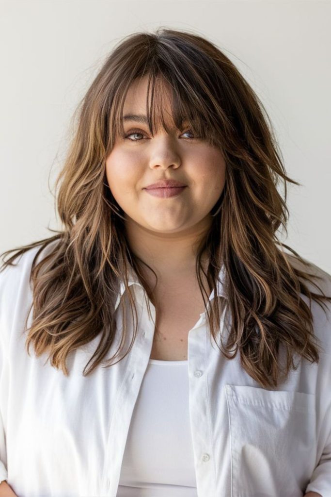 Diagonal side bangs cutting across cheeks